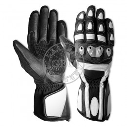Black & White Real Leather Motorbike Gloves
